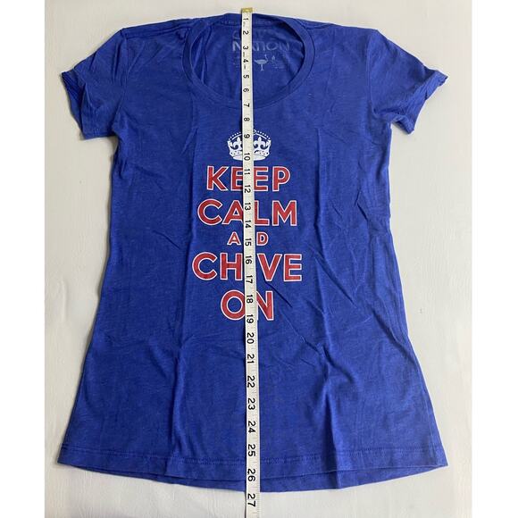 Keep Calm Chive On Women's Blue Graphic T-Shirt Tee Size Small - Picture 3 of 4